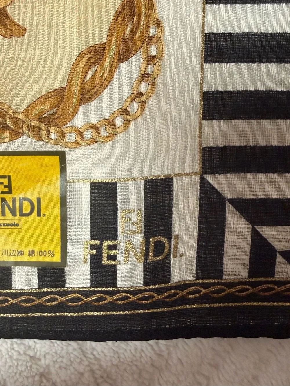 Fendi Black, White and Gold Striped Baroque Silk Scarf